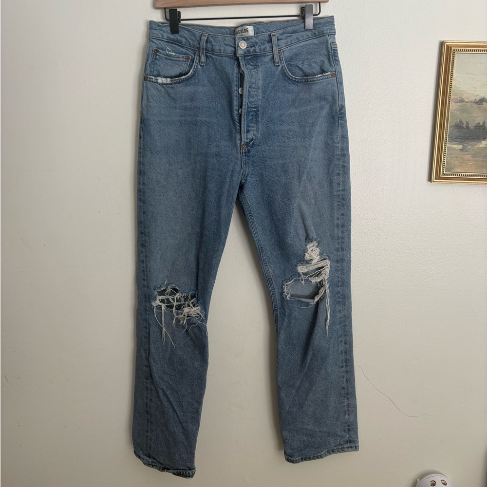 Agolde Riley Light Blue Distressed High Rise Button Fly Jeans Womens size 30 EUC